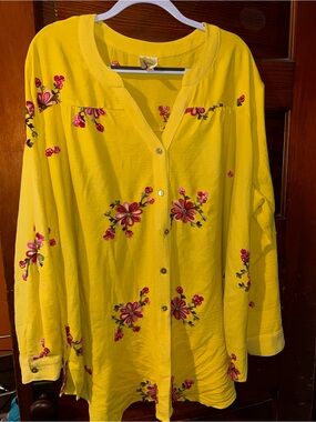 fig and flower Yellow Button-Down Top with Pink Floral Embroidery